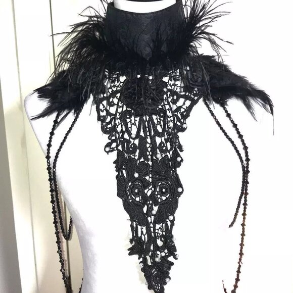 Gothic Lolita Victorian Visual Kei EGL Sculpted Lace & Feather Collar Top OS - Picture 2 of 7
